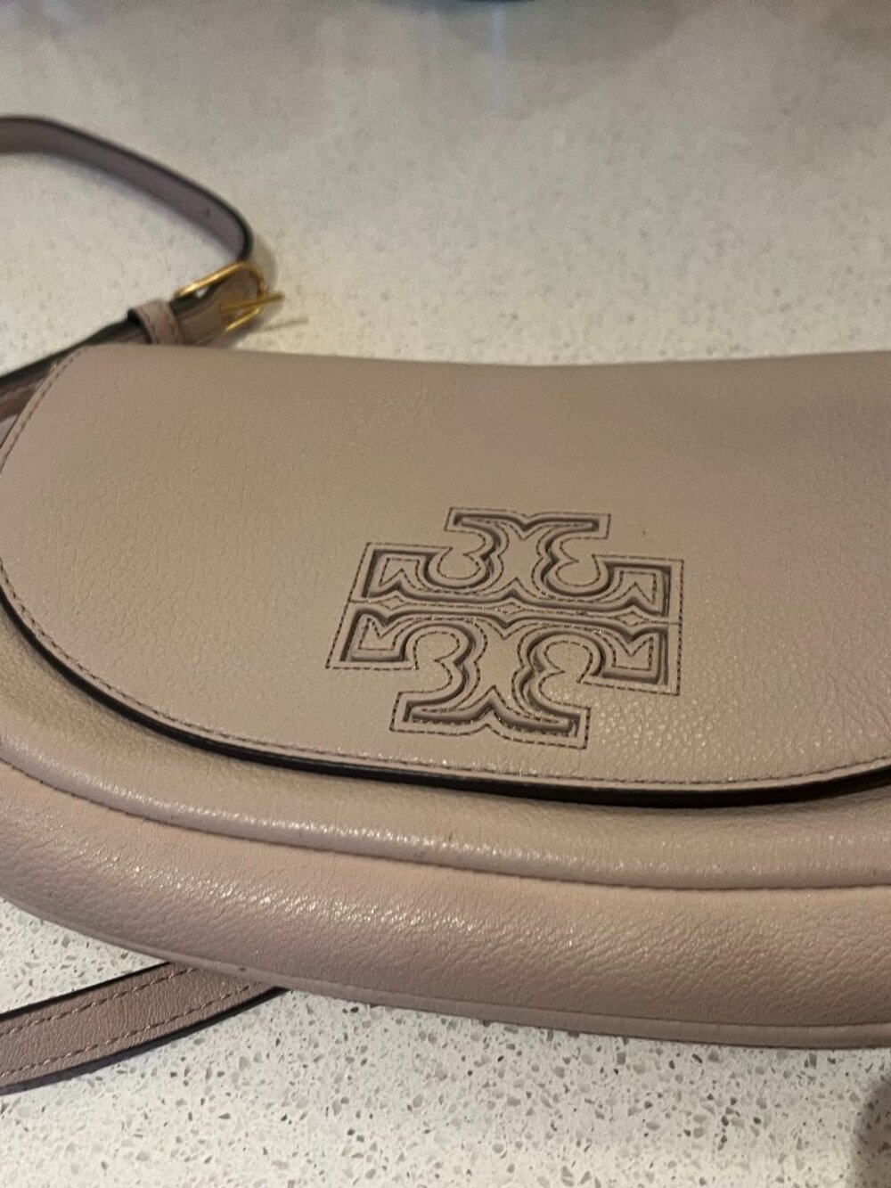 9.5" W x 6.5" H Tory Burch Harper Small Leather Crossbody in Blush